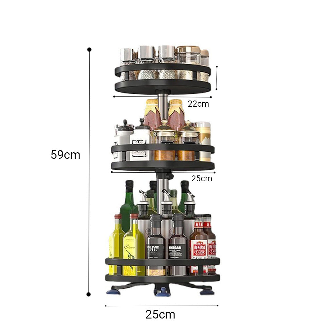 3 Tier Steel Black Round Rotating Multi-Function Kitchen Portable Storage Spice Seasoning Kitchen Countertop Organiser Shelf