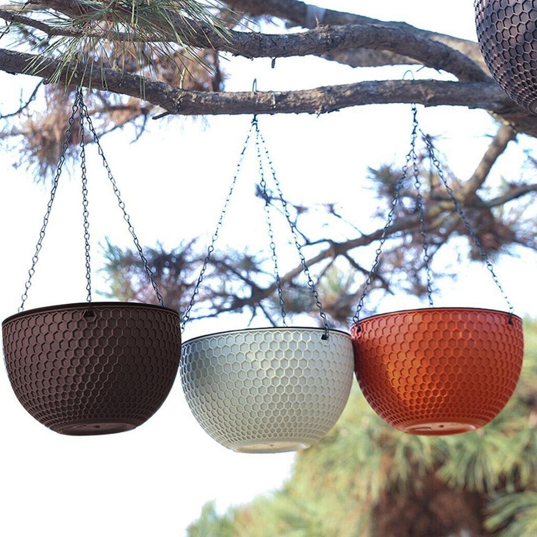 2X Coffee Medium Hanging Resin Flower Pot Self Watering Basket Planter Indoor Outdoor Garden Decor