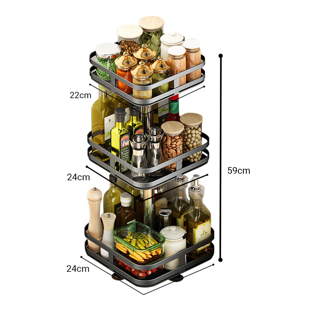 2X 3 Tier Steel Black Square Rotating Multi-Function Kitchen Portable Storage Spice Seasoning Kitchen Countertop Organiser Shelf