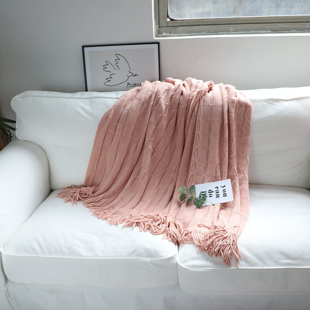 Pink Textured Knitted Throw Blanket Warm Cozy Woven Cover Couch Bed Sofa Home Decor with Tassels