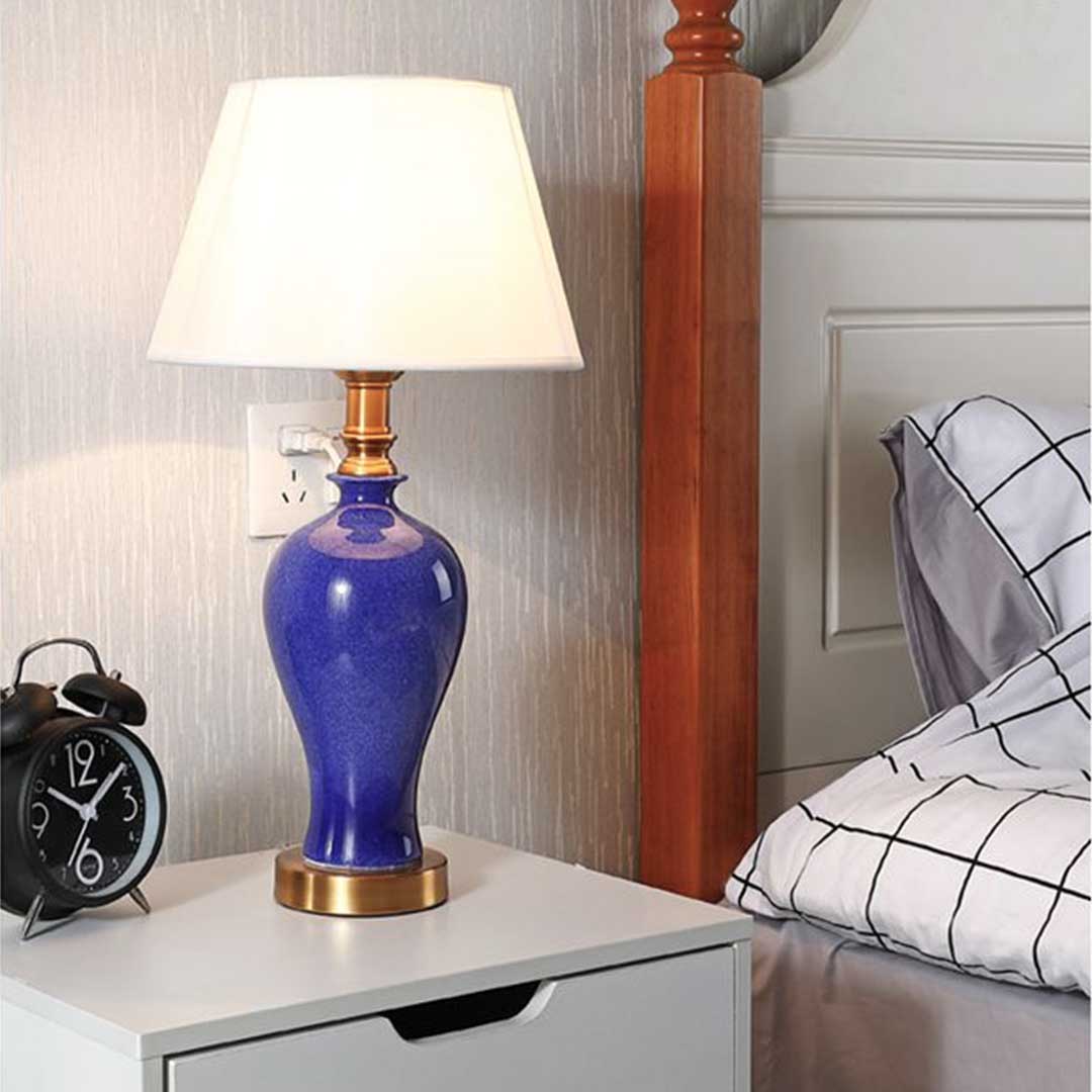 Soga 2 X Blue Ceramic Oval Table Lamp With Gold Metal Base