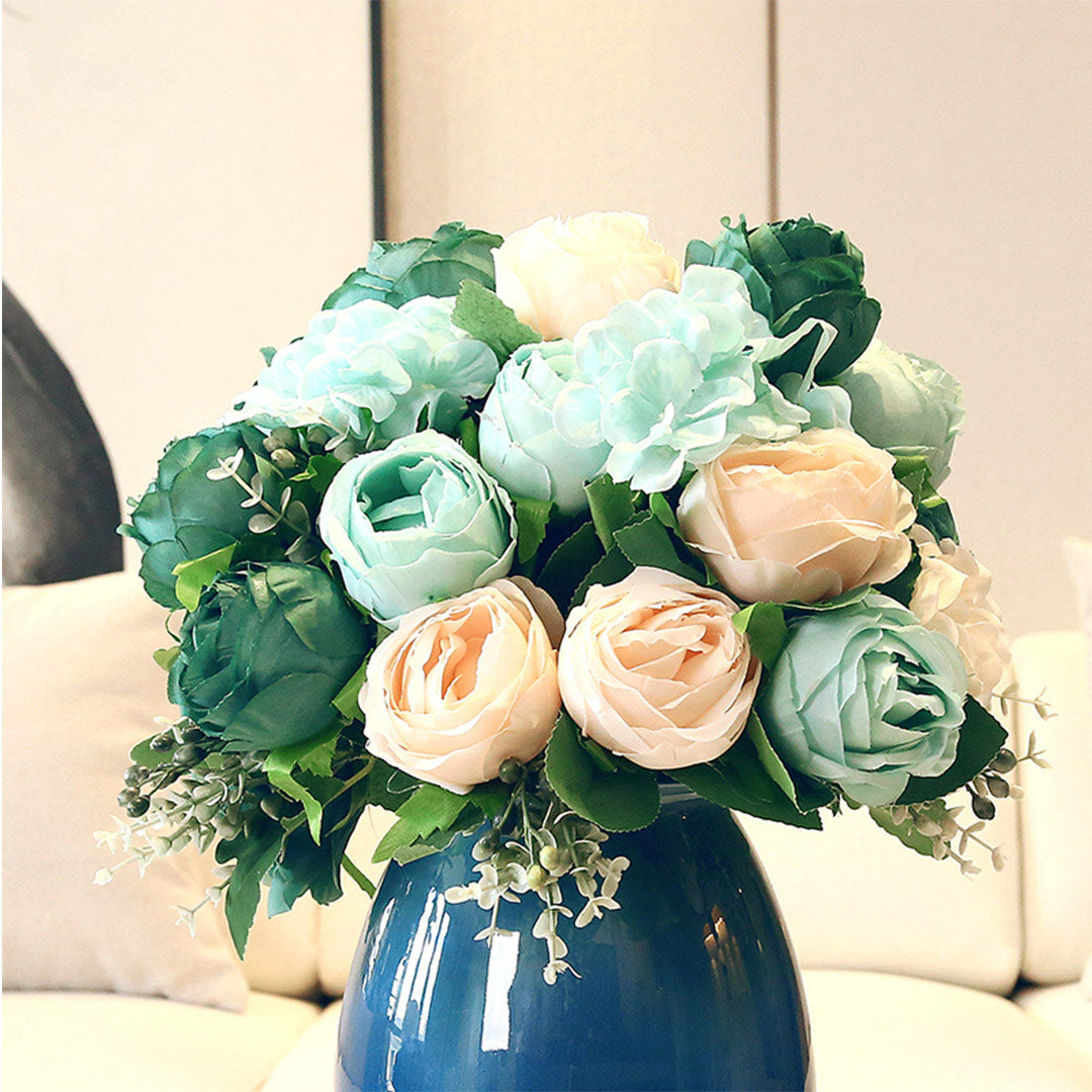 Soga 3pcs Artificial Silk With 15 Heads Flower Fake Rose Bouquet Table Decor Blue