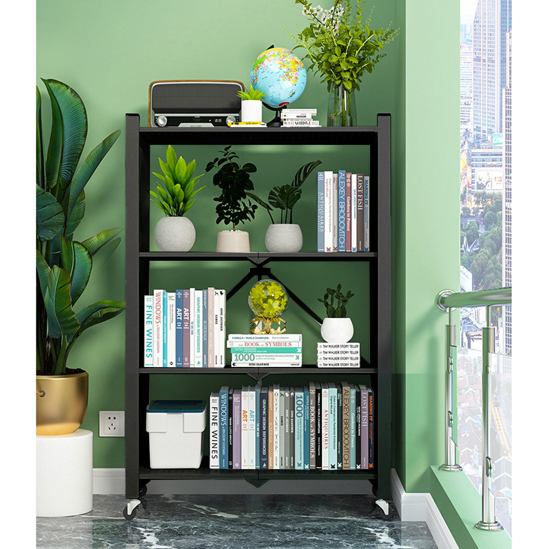 Soga 4 Tier Steel Black Foldable Display Stand Multi Functional Shelves Portable Storage Organizer With Wheels