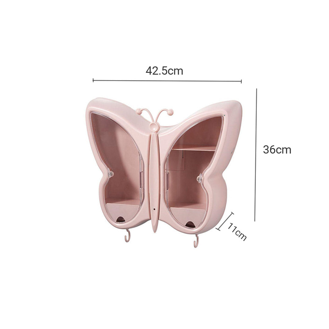 2X Pink Butterfly Shape Wall-Mounted Makeup Organiser Dustproof Waterproof Bathroom Storage Box Home Decor