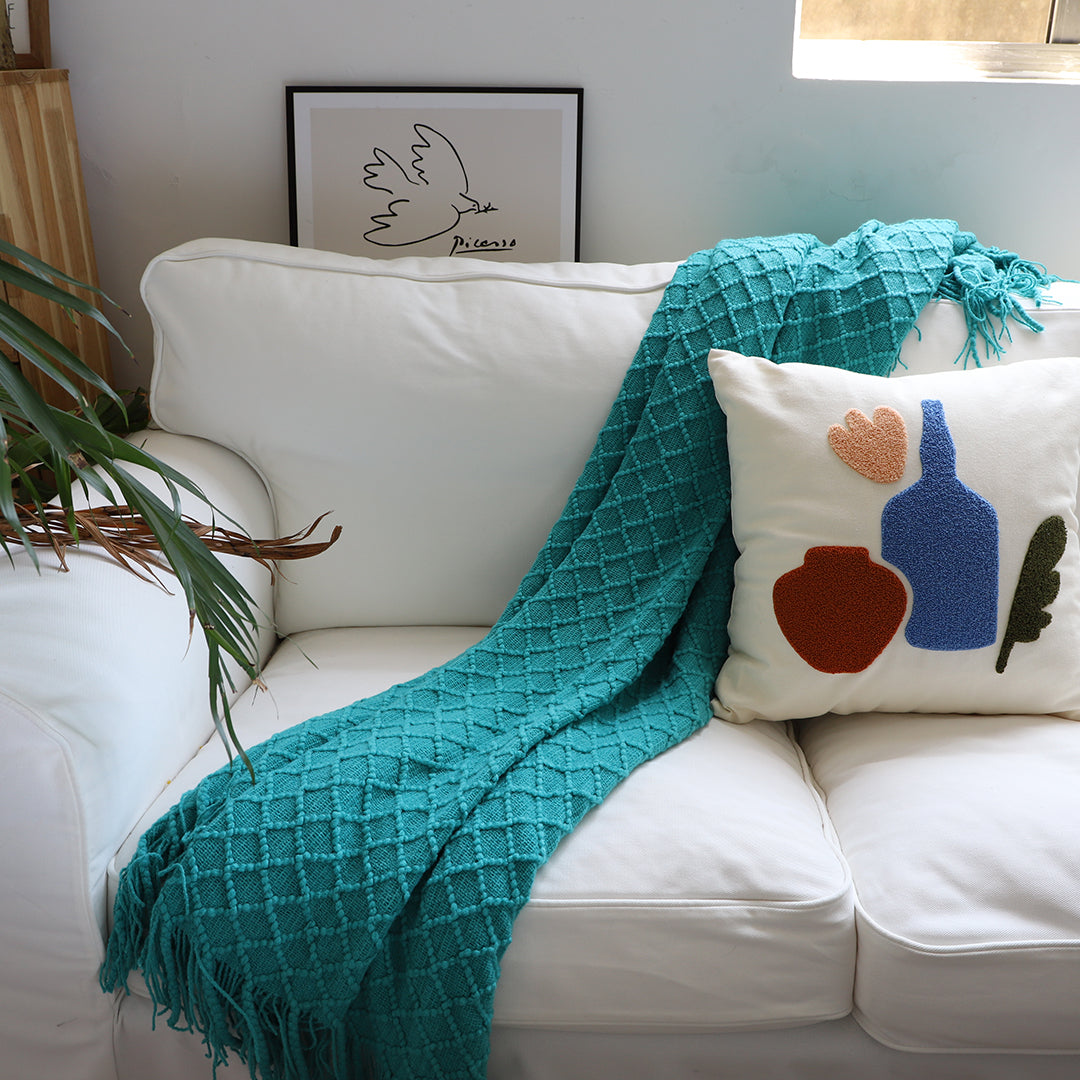 Teal Diamond Pattern Knitted Throw Blanket Warm Cozy Woven Cover Couch Bed Sofa Home Decor with Tassels