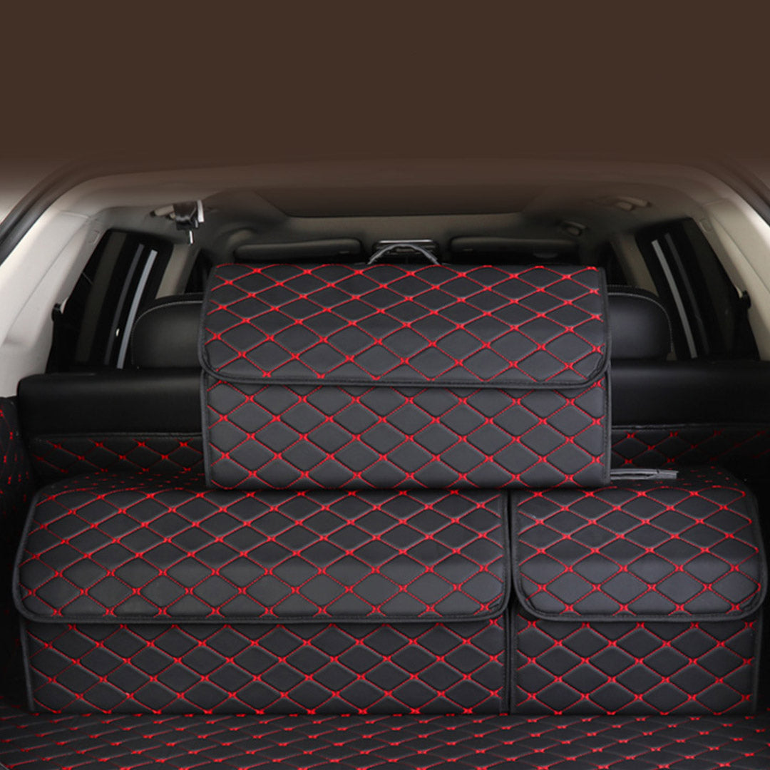 Soga 4 X Leather Car Boot Collapsible Foldable Trunk Cargo Organizer Portable Storage Box Black/Red Stitch Large