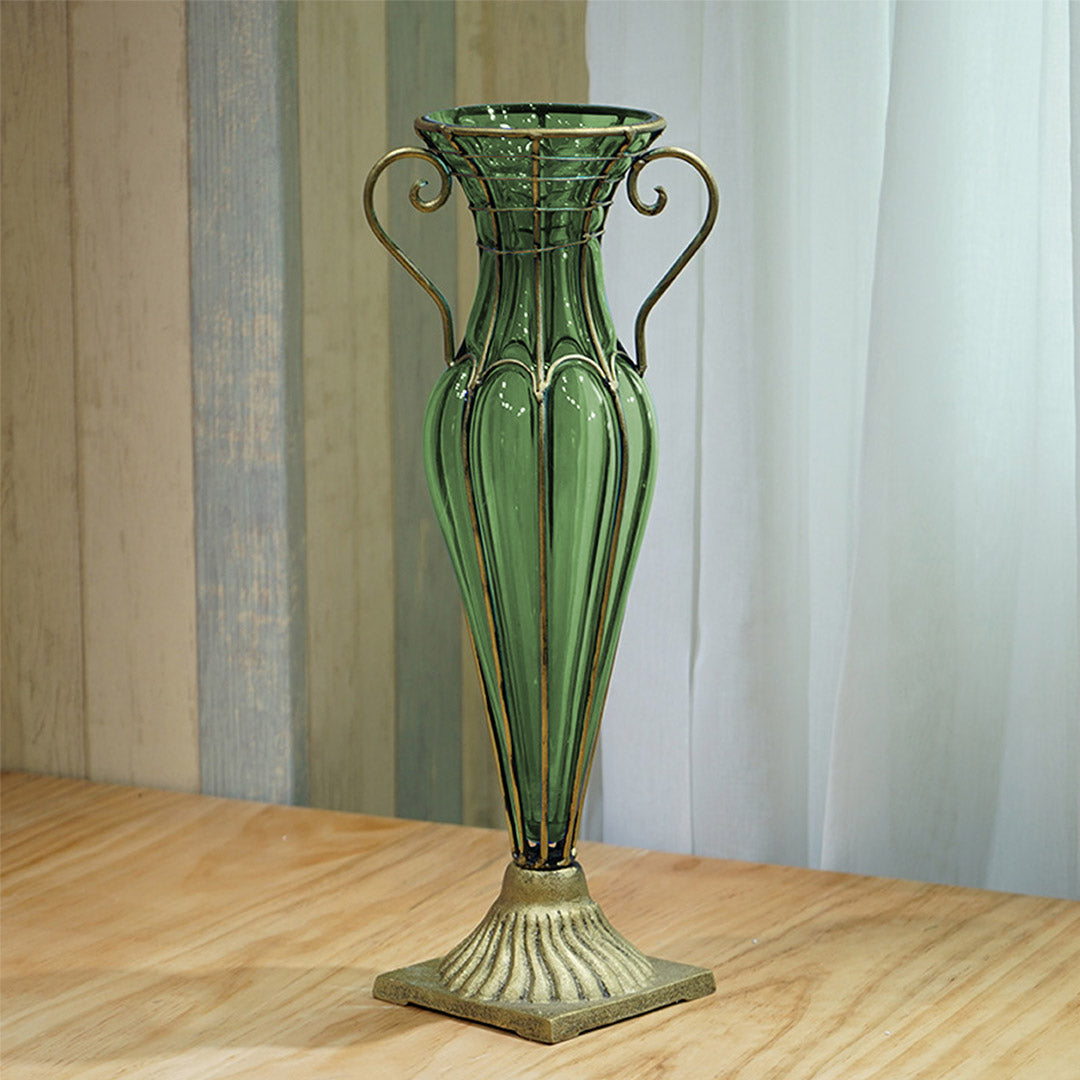 Soga Green Colored European Glass Flower Vase Solid Base With Two Gold Metal Handle