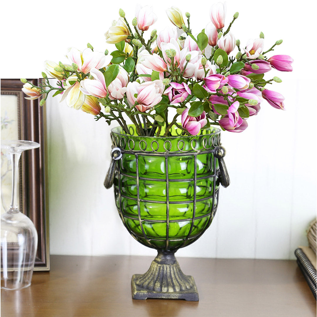 Soga Green Glass Flower Vase With 6 Bunch 4 Heads Artificial Fake Silk Magnolia Denudata Home Decor Set