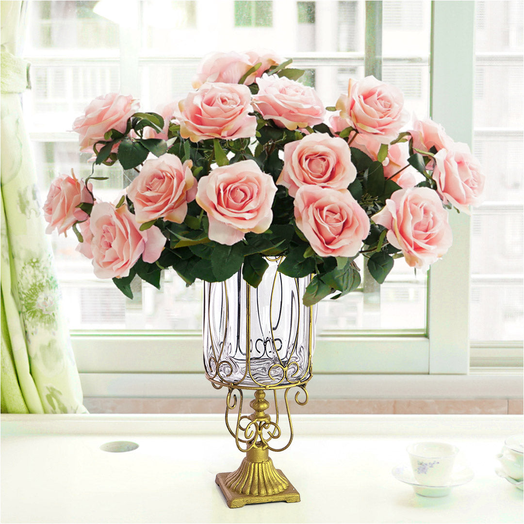 Soga Clear Glass Cylinder Flower Vase With 4 Bunch 9 Heads Artificial Fake Silk Rose Home Decor Set