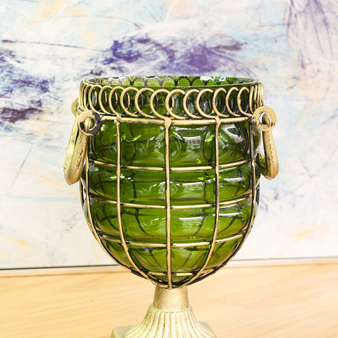 Soga Green Colored European Glass Jar Flower Vase Solid Base With Metal Handle
