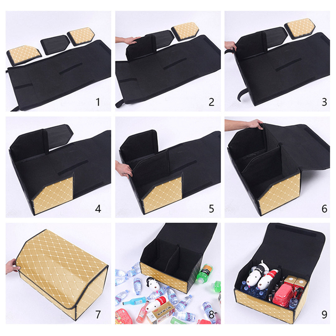 Soga Leather Car Boot Collapsible Foldable Trunk Cargo Organizer Portable Storage Box Beige/Gold Stitch Small