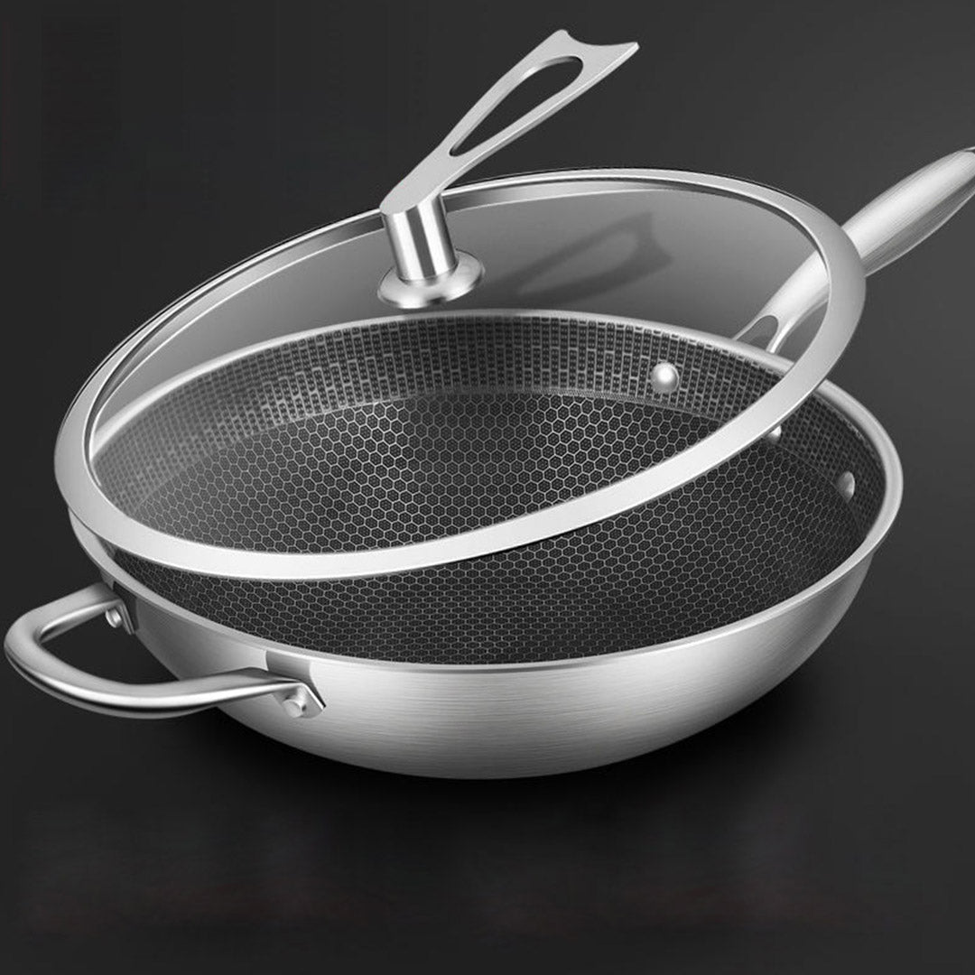 Soga 34cm Stainless Steel Tri Ply Frying Cooking Fry Pan Textured Non Stick Skillet With Glass Lid And Helper Handle