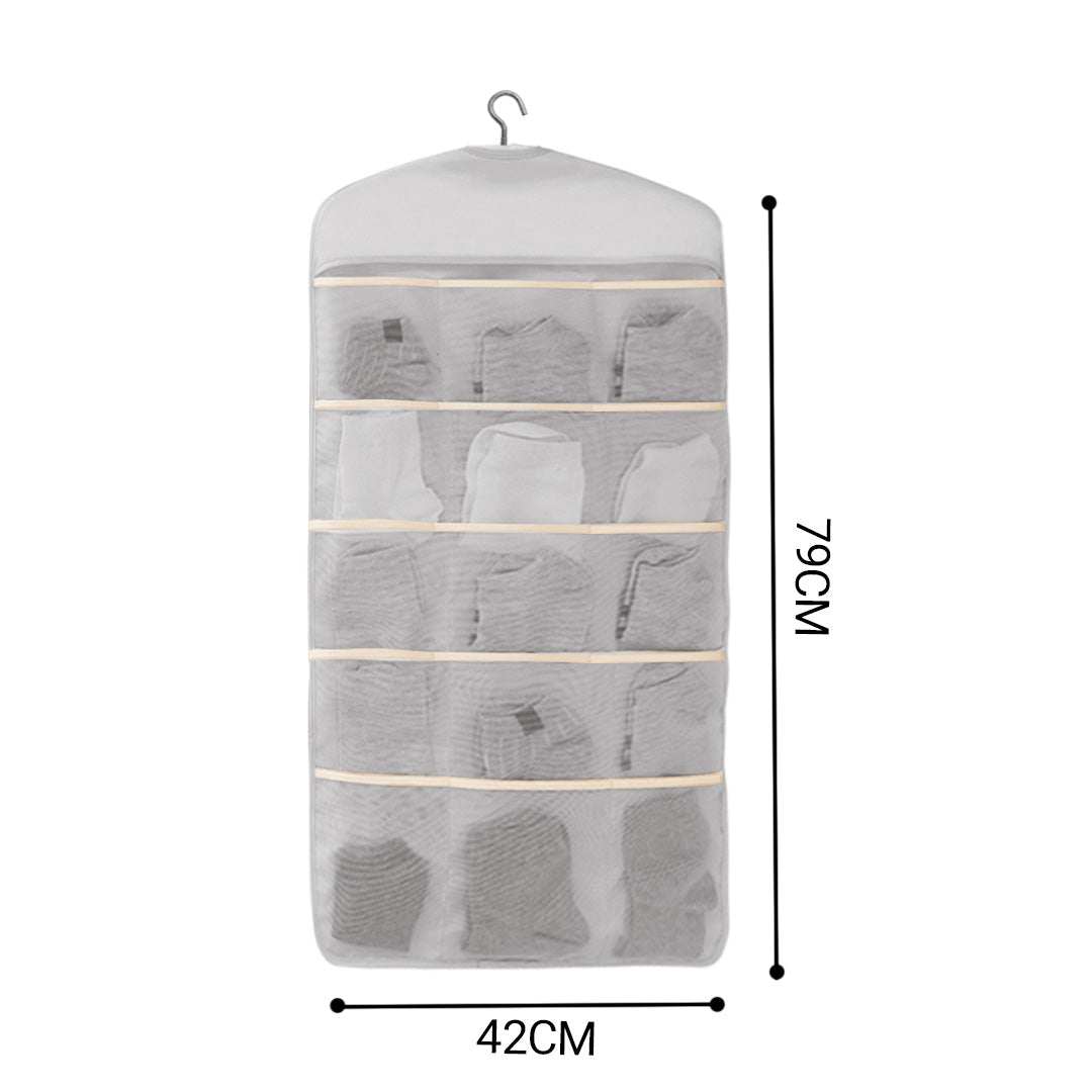 2X Grey Double Sided Hanging Storage Bag Underwear Bra Socks Mesh Pocket Hanger Home Organiser