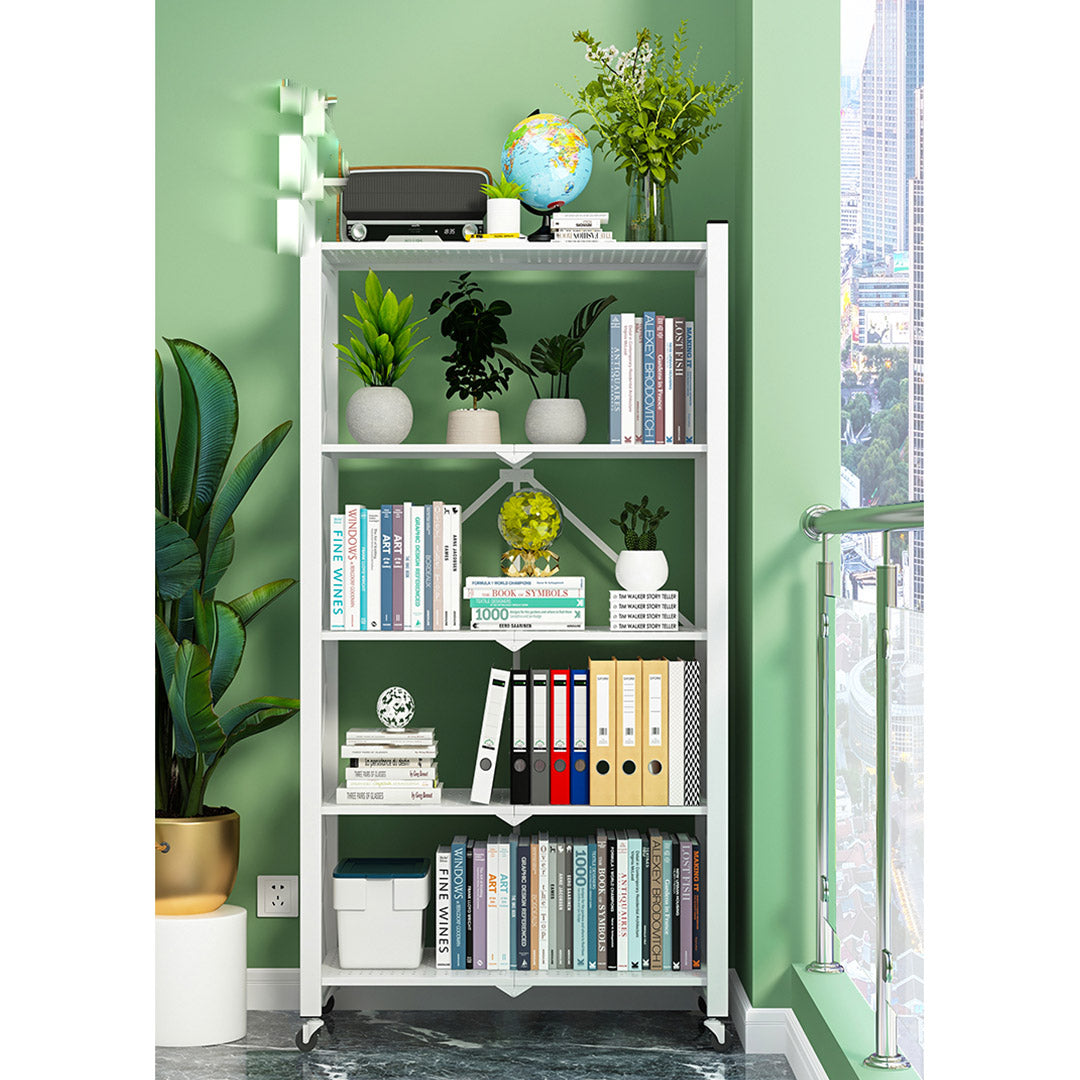 Soga 5 Tier Steel White Foldable Display Stand Multi Functional Shelves Portable Storage Organizer With Wheels