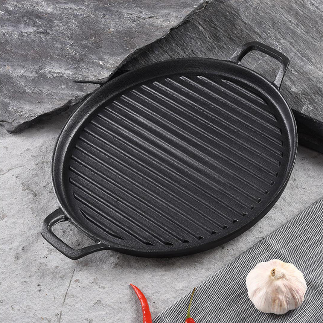 Soga 2 X 28cm Ribbed Cast Iron Frying Pan Skillet Coating Steak Sizzle Platter