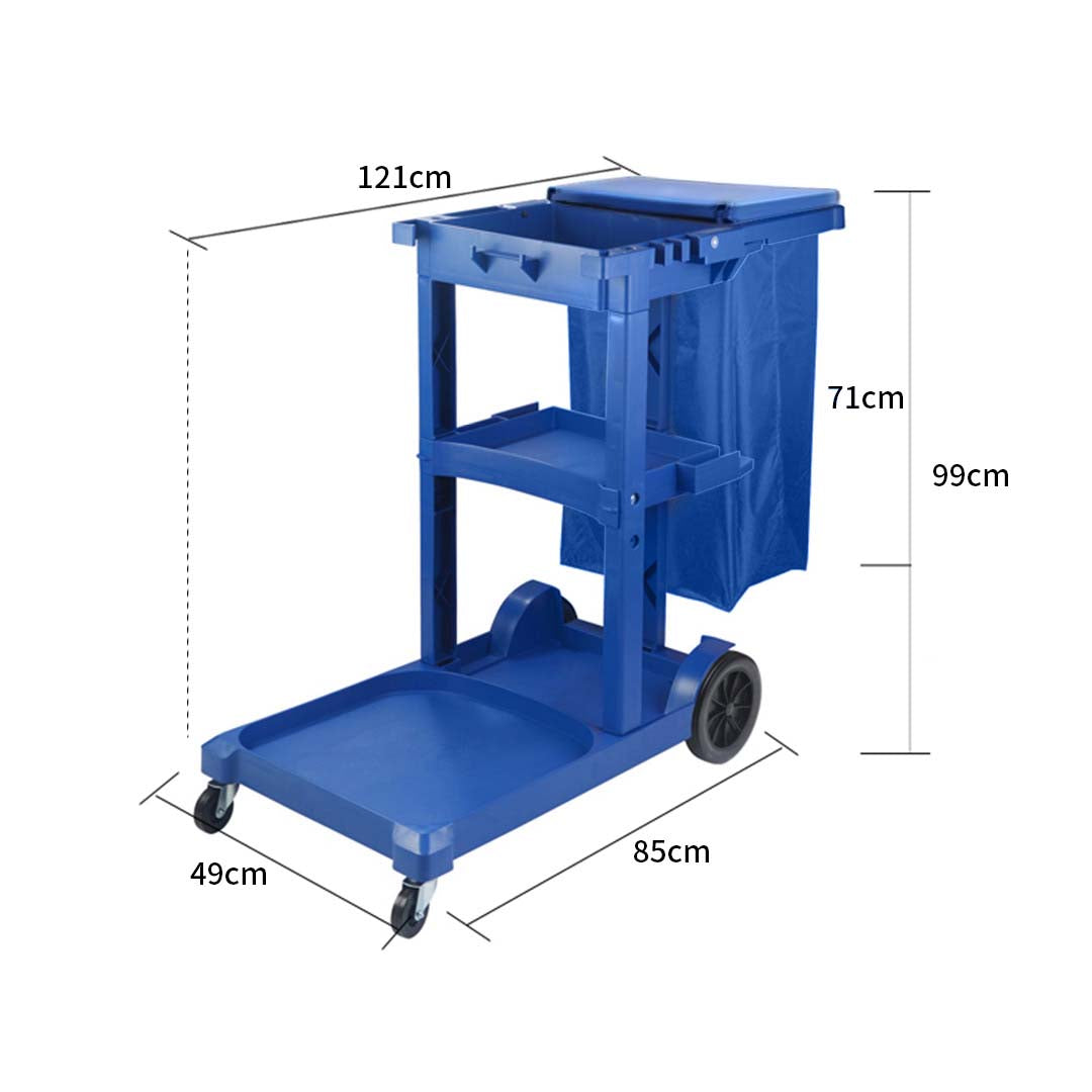 Soga 3 Tier Multifunction Janitor Cleaning Waste Cart Trolley And Waterproof Bag With Lid Blue