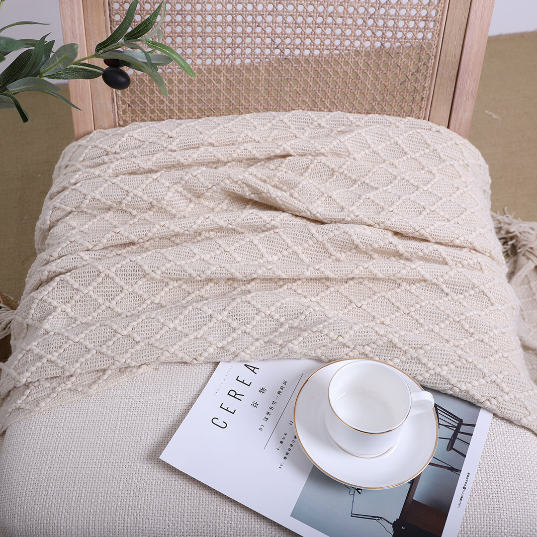 2X Beige Diamond Pattern Knitted Throw Blanket Warm Cozy Woven Cover Couch Bed Sofa Home Decor with Tassels
