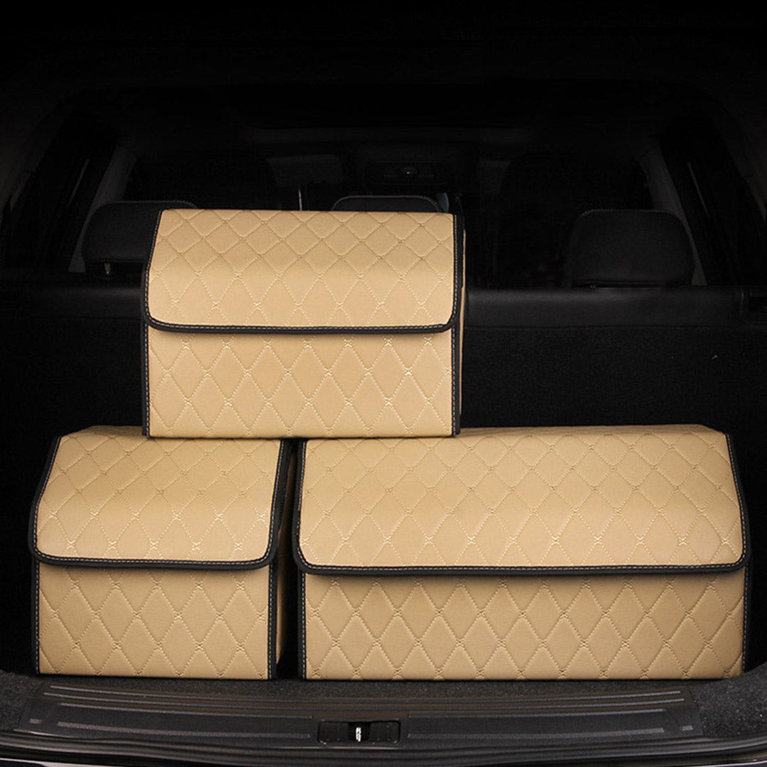 Soga 4 X Leather Car Boot Collapsible Foldable Trunk Cargo Organizer Portable Storage Box Beige/Gold Stitch Large