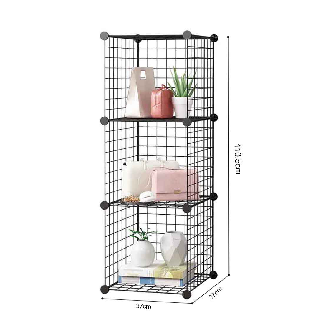 2X Black Portable 3 Tier Cube Storage Organiser Foldable DIY Modular Grid Space Saving Shelf
