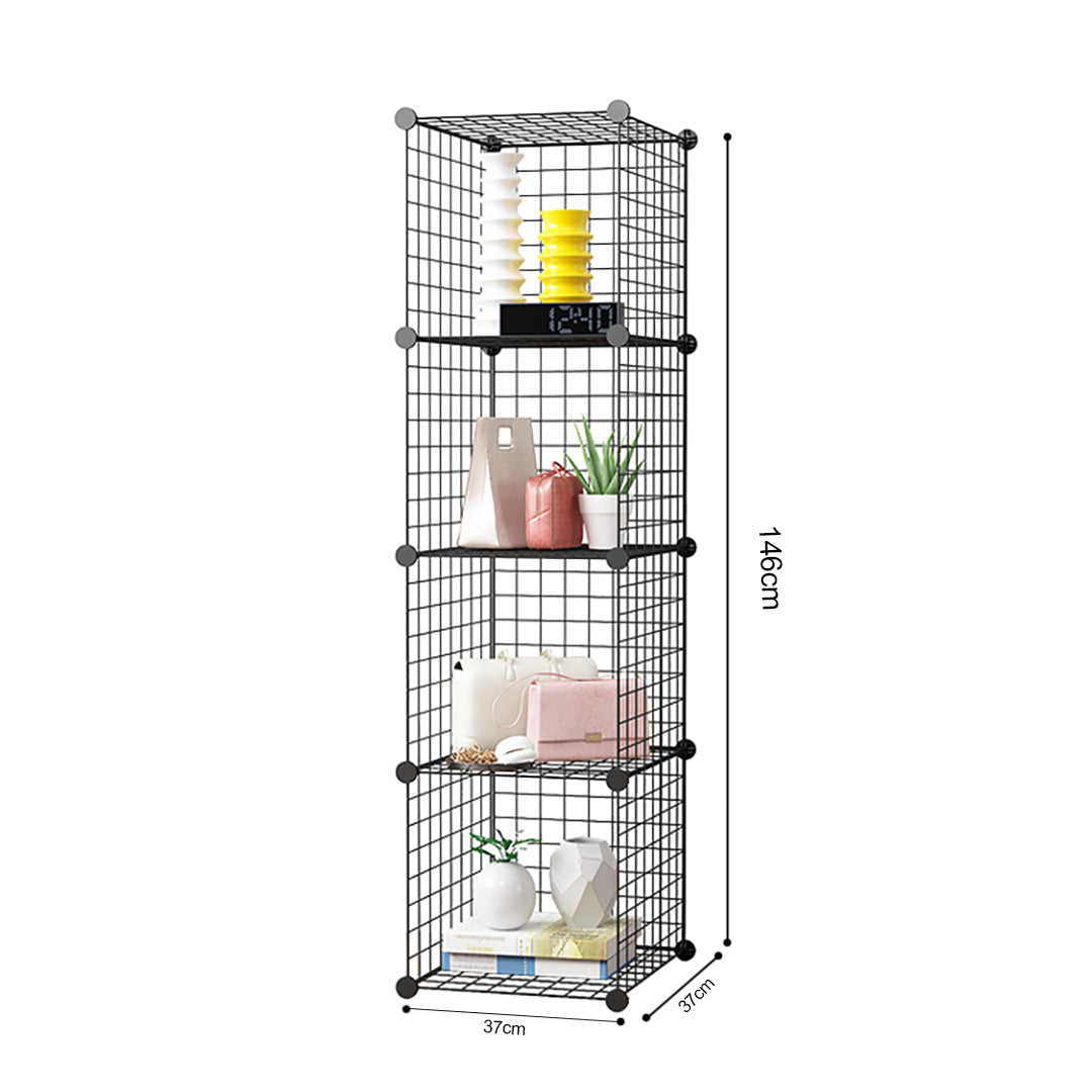 2X Black Portable 4 Tier Cube Storage Organiser Foldable DIY Modular Grid Space Saving Shelf