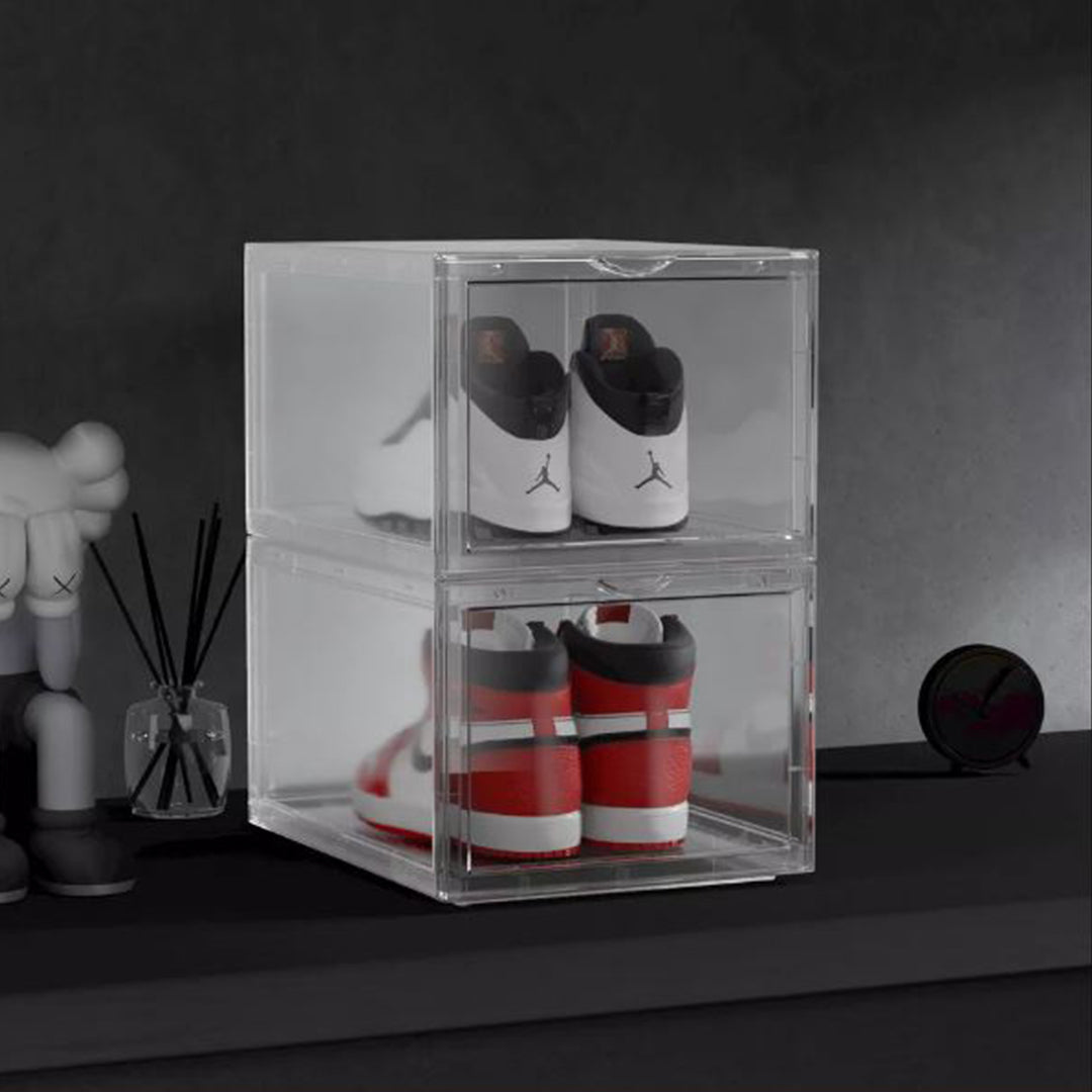 2X 2 Tier Transparent Portable Shoe Organiser Sneaker Footwear Folding Plastic Bin Stackable Storage Box with Magnetic Door