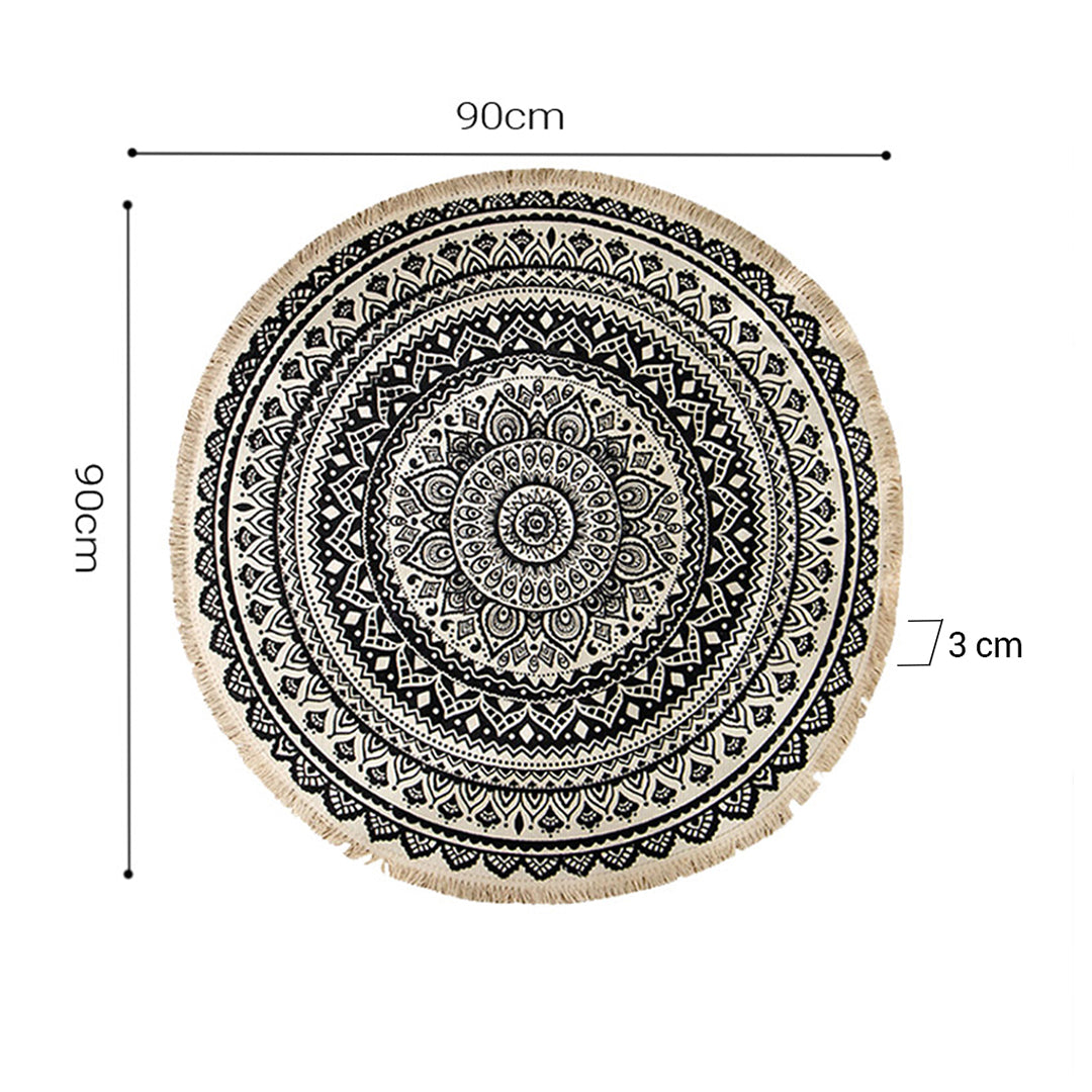 2X Black Carpet Soft Linen Bohemian Non-Slip Floor Retro Minimalist Round Rug Home Decor with Tassels