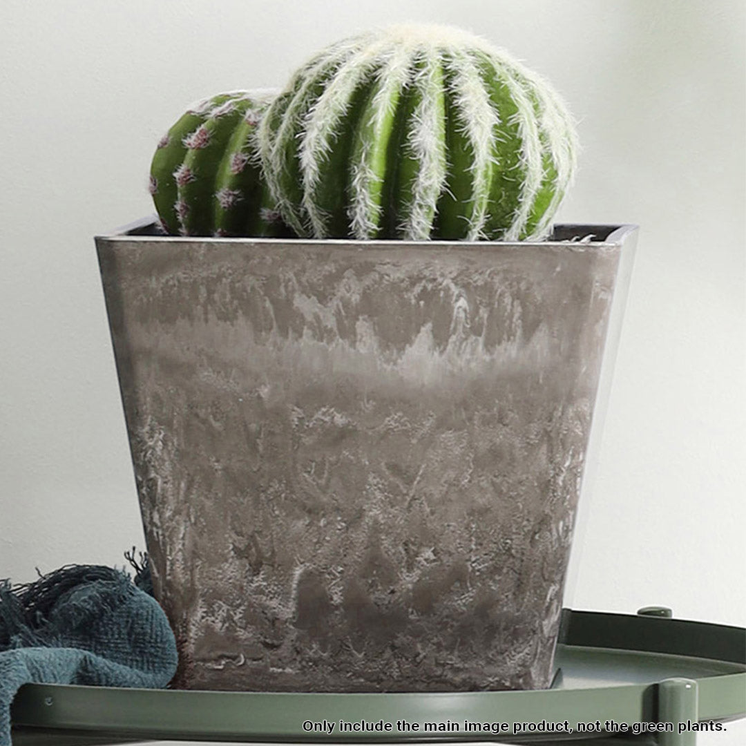 Soga 27cm Sand Grey Square Resin Plant Flower Pot In Cement Pattern Planter Cachepot For Indoor Home Office