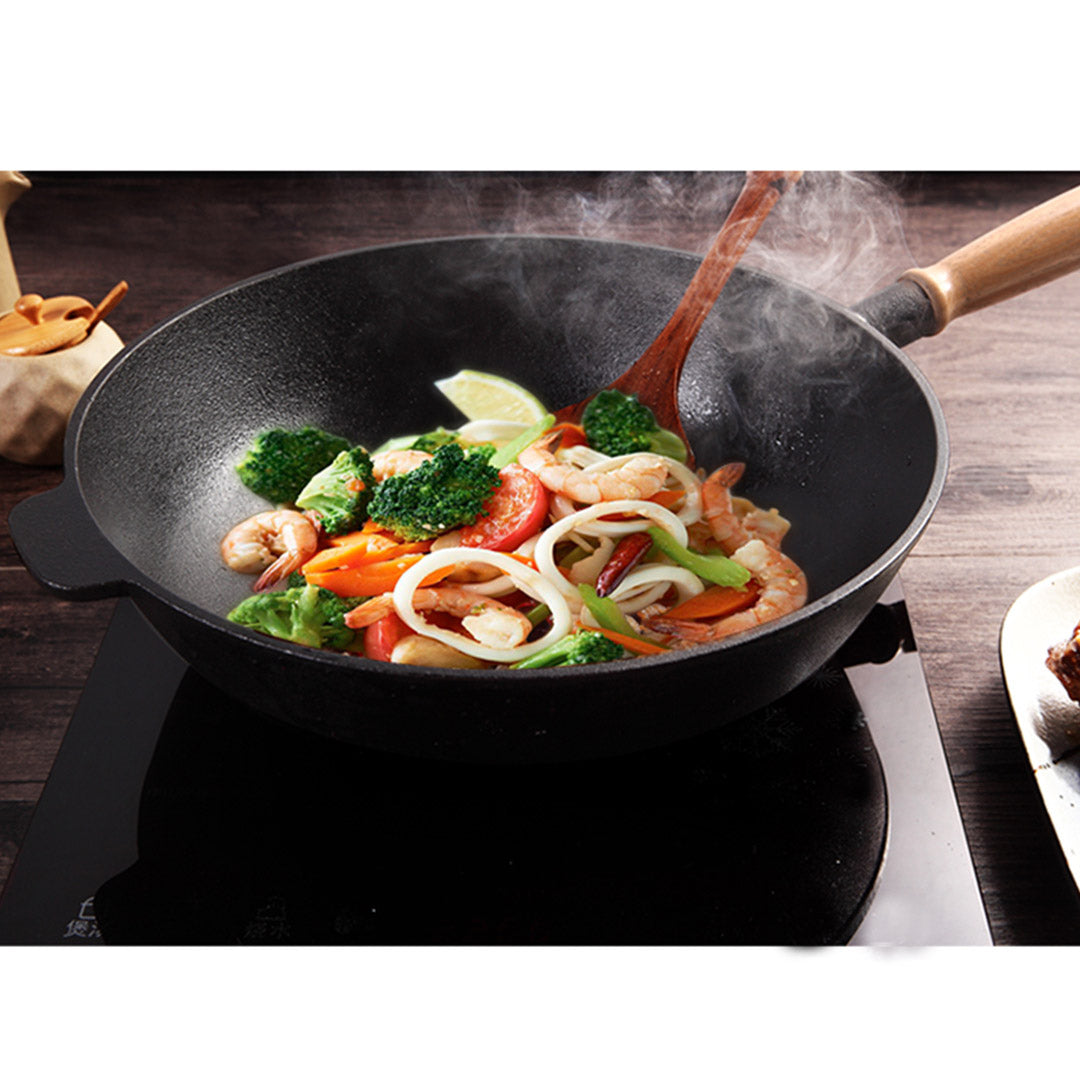 Soga 31cm Commercial Cast Iron Wok Fry Pan Fry Pan With Wooden Lid