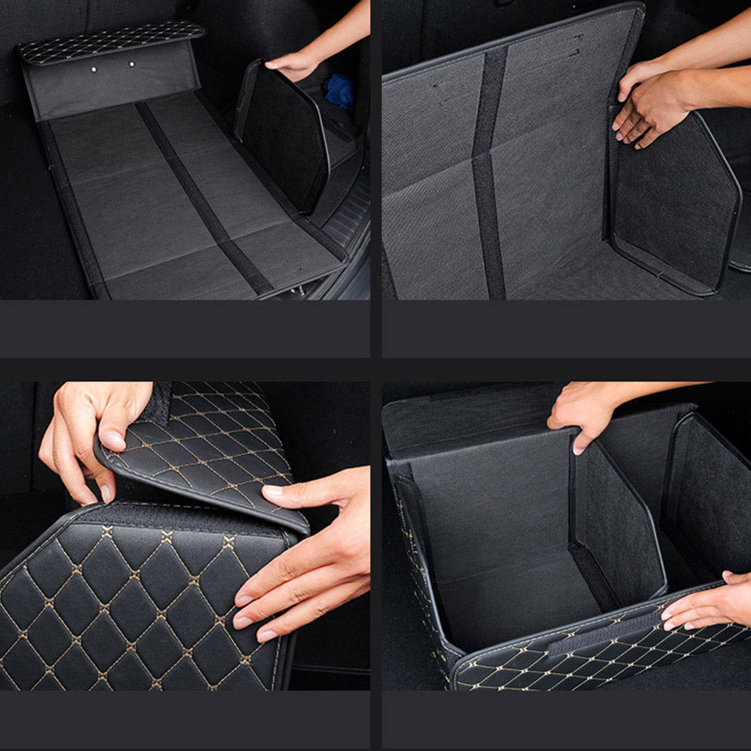 Soga 2 X Leather Car Boot Collapsible Foldable Trunk Cargo Organizer Portable Storage Box Black/Gold Stitch Medium