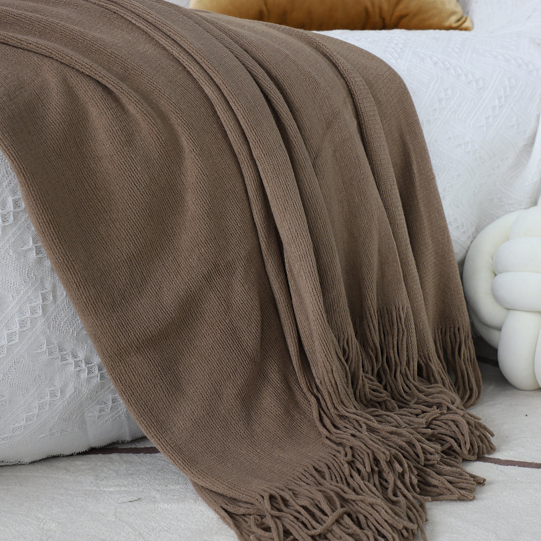 2X Coffee Acrylic Knitted Throw Blanket Solid Fringed Warm Cozy Woven Cover Couch Bed Sofa Home Decor