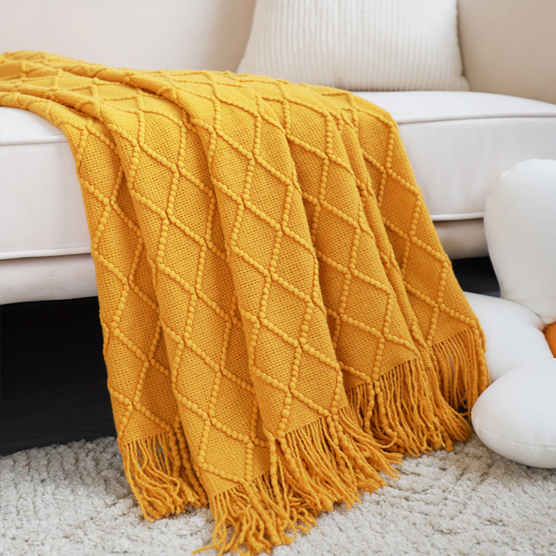 Yellow Diamond Pattern Knitted Throw Blanket Warm Cozy Woven Cover Couch Bed Sofa Home Decor with Tassels