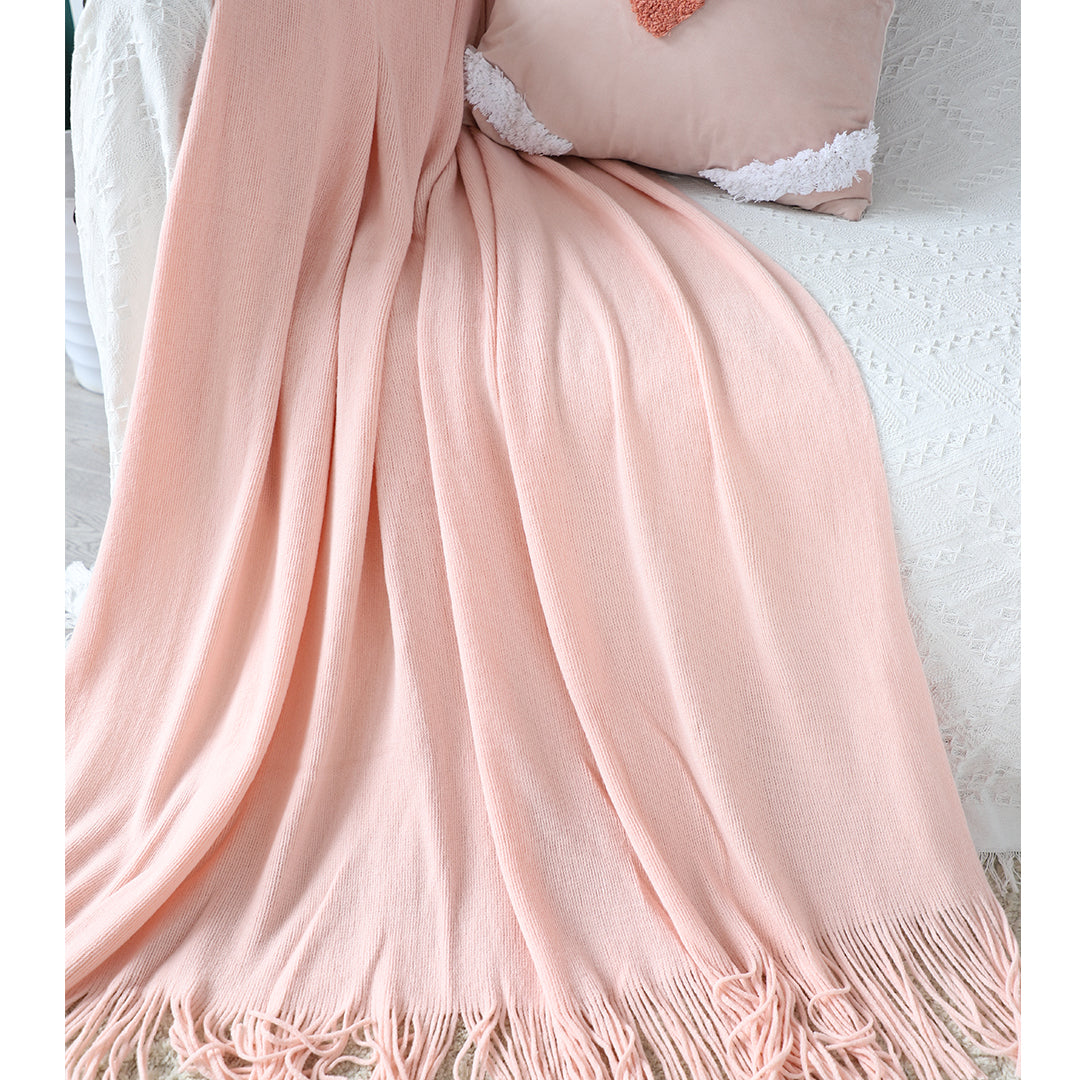 2X Pink Acrylic Knitted Throw Blanket Solid Fringed Warm Cozy Woven Cover Couch Bed Sofa Home Decor