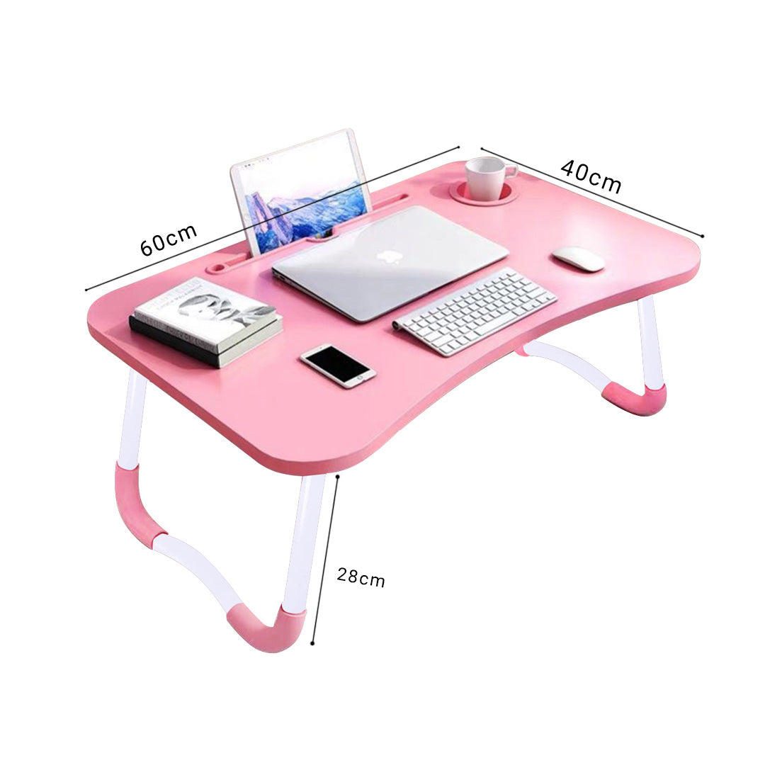 2X Pink Portable Bed Table Adjustable Folding Mini Desk Notebook Stand Card Slot Holder with Cup-Holder Home Decor
