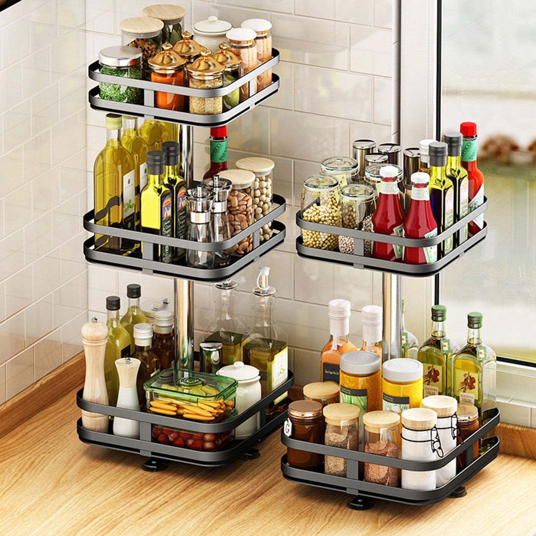 2X 3 Tier Steel Black Square Rotating Multi-Function Kitchen Portable Storage Spice Seasoning Kitchen Countertop Organiser Shelf
