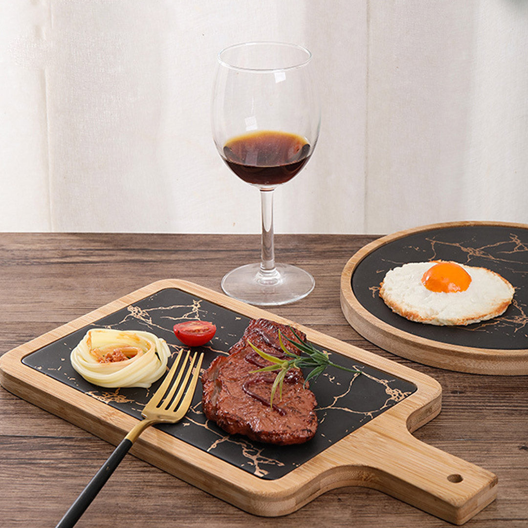 Soga 33.5cm Black Square Wooden Serving Tray Slate Steak Serving Platter Chopping Board Paddle Home Decor