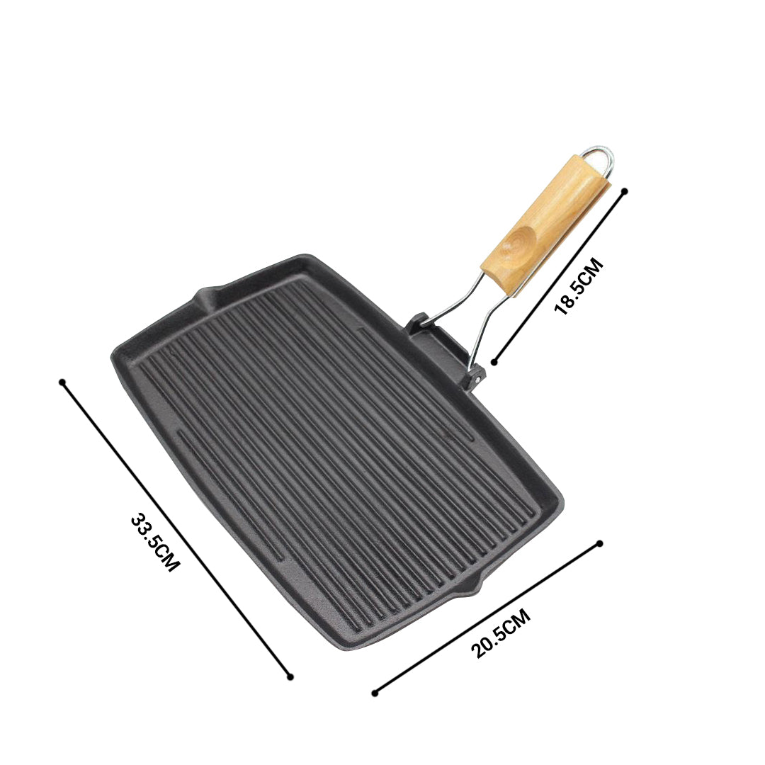 20.5cm Rectangular Cast Iron Griddle Grill Frying Pan with Folding Wooden Handle