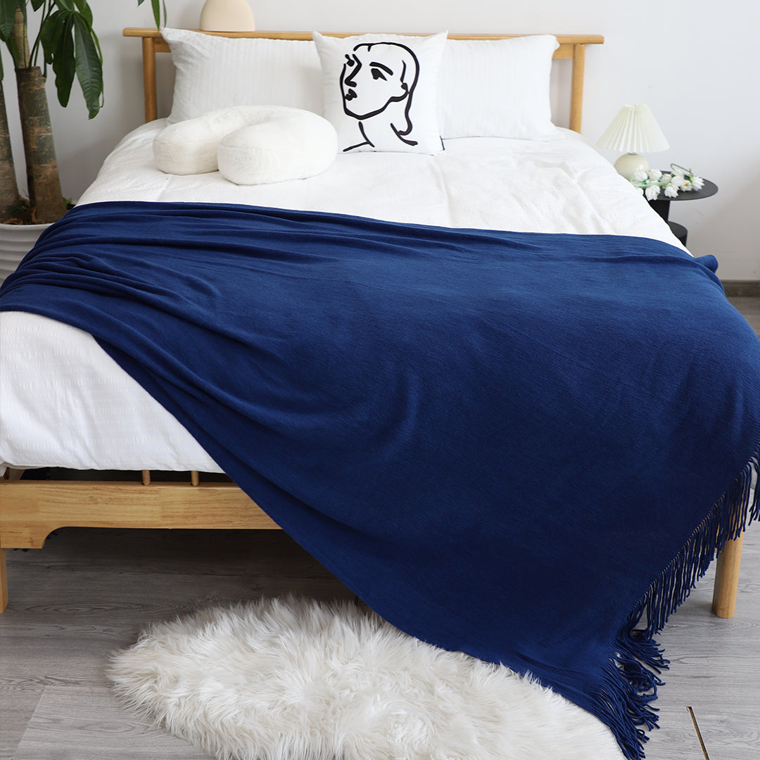 2X Royal Blue Acrylic Knitted Throw Blanket Solid Fringed Warm Cozy Woven Cover Couch Bed Sofa Home Decor