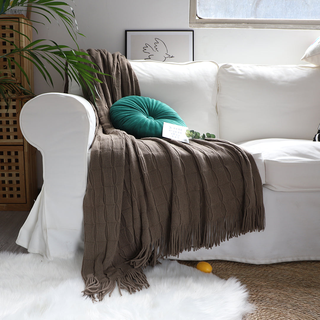 2X Coffee Textured Knitted Throw Blanket Warm Cozy Woven Cover Couch Bed Sofa Home Decor with Tassels