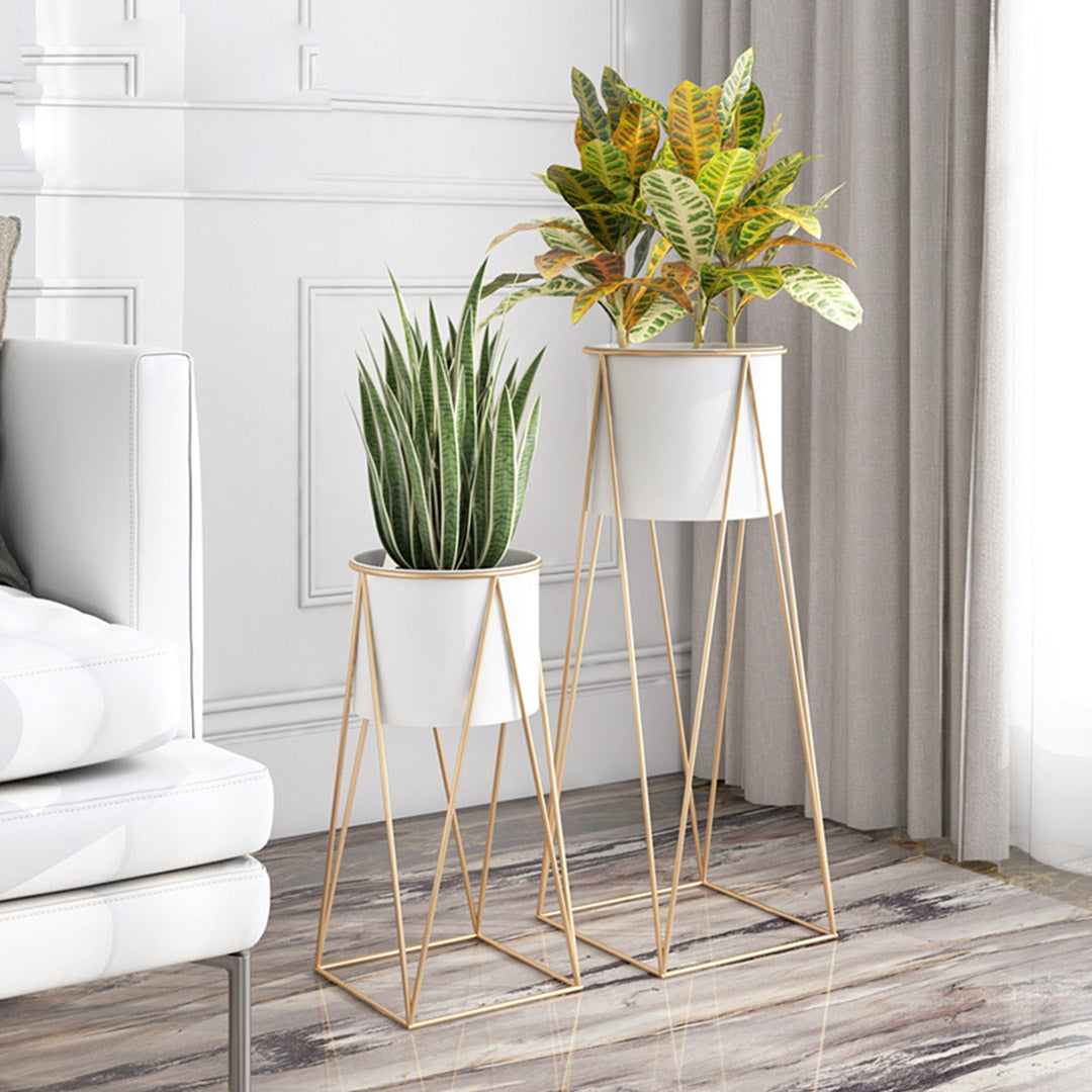 Soga 2 X 50cm Gold Metal Plant Stand With White Flower Pot Holder Corner Shelving Rack Indoor Display