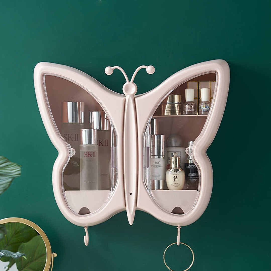 Soga Pink Butterfly Shape Wall Mounted Makeup Organiser Dustproof Waterproof Bathroom Storage Box Home Decor