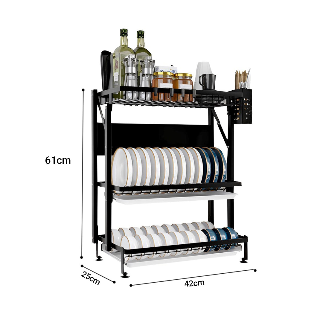 3 Tier Steel Black Kitchen Countertop Drying Rack Dish Plate Cutlery Cutting Board Holder Dish Drainer Kitchen Organiser