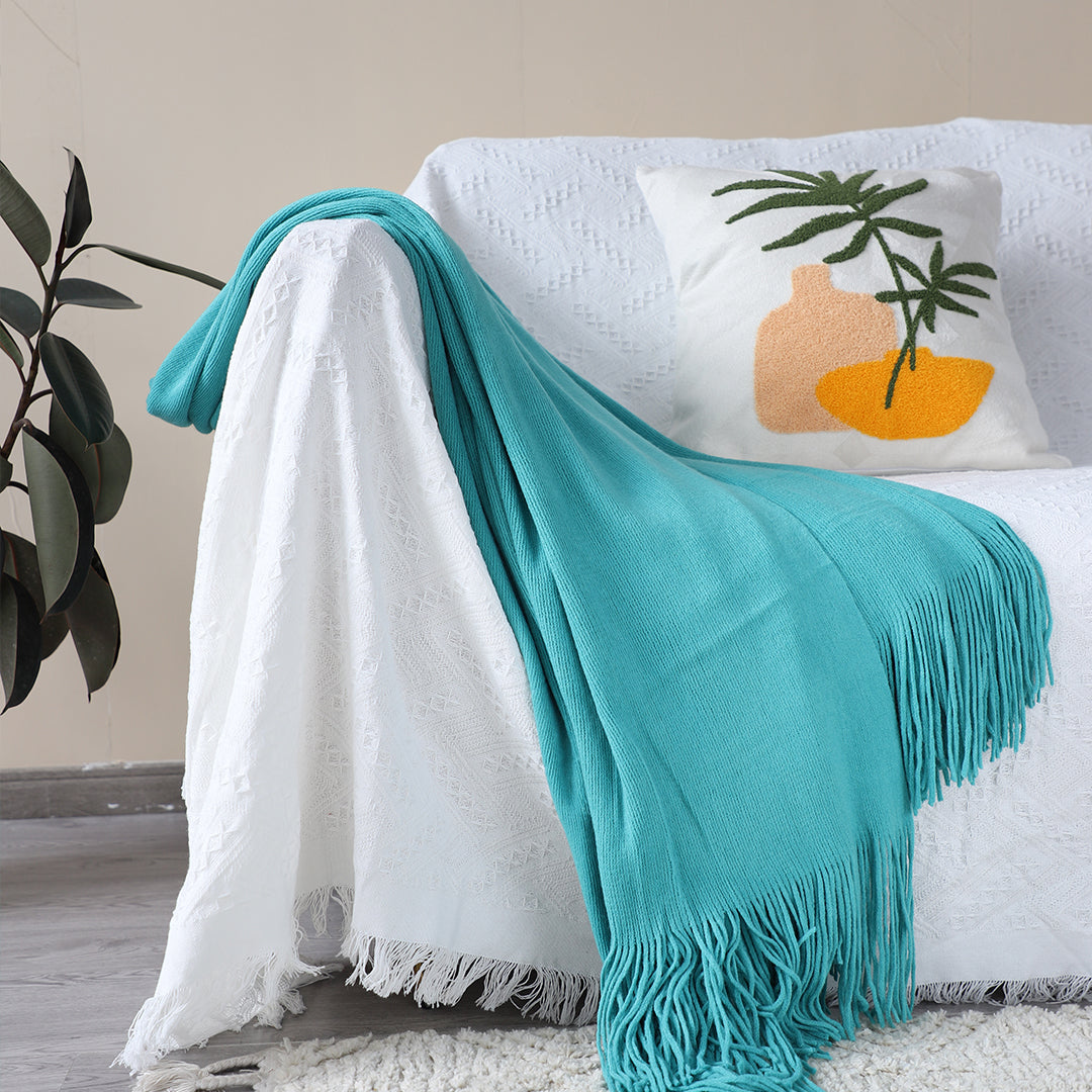 Teal Acrylic Knitted Throw Blanket Solid Fringed Warm Cozy Woven Cover Couch Bed Sofa Home Decor