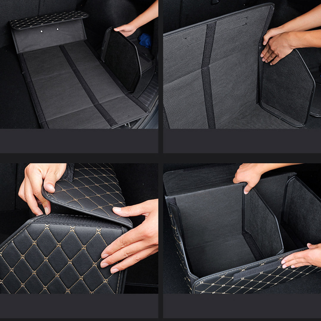 Soga 4 X Leather Car Boot Collapsible Foldable Trunk Cargo Organizer Portable Storage Box Black/Gold Stitch Small