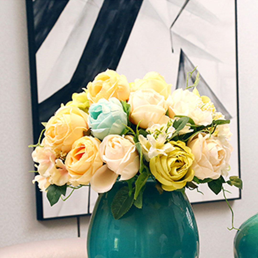 Soga 3pcs Artificial Silk With 15 Heads Flower Fake Rose Bouquet Table Decor White