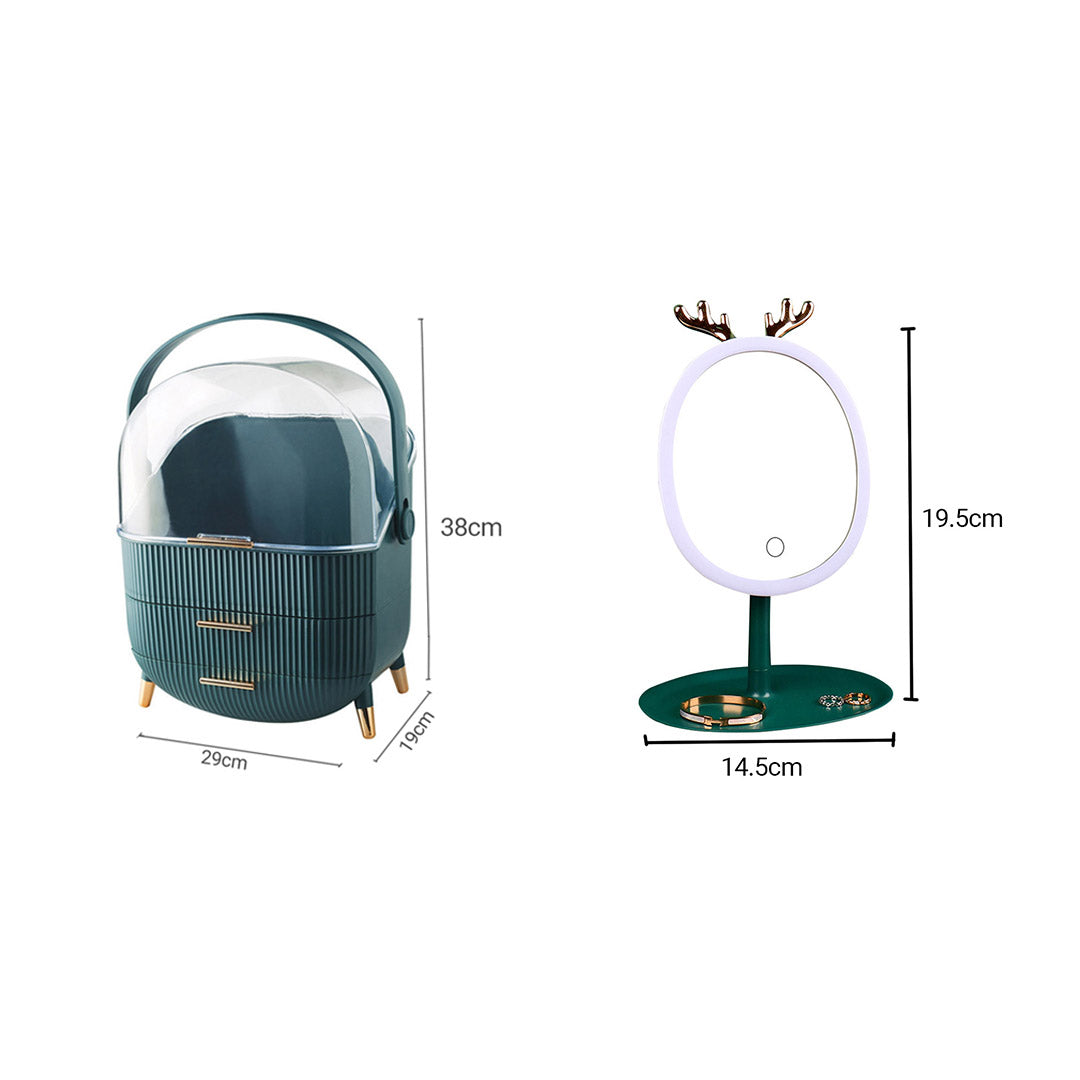 Green Cosmetic Jewelry Storage Organiser with Antler LED Light Mirror Tabletop Vanity Set