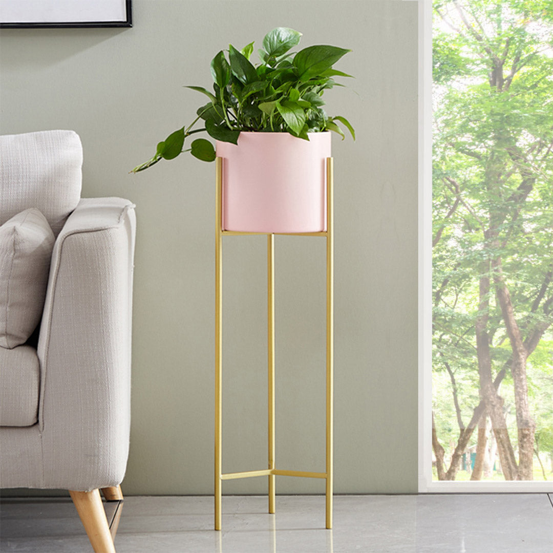 Soga 2 X 2 Layer 60cm Gold Metal Plant Stand With Pink Flower Pot Holder Corner Shelving Rack Indoor Display