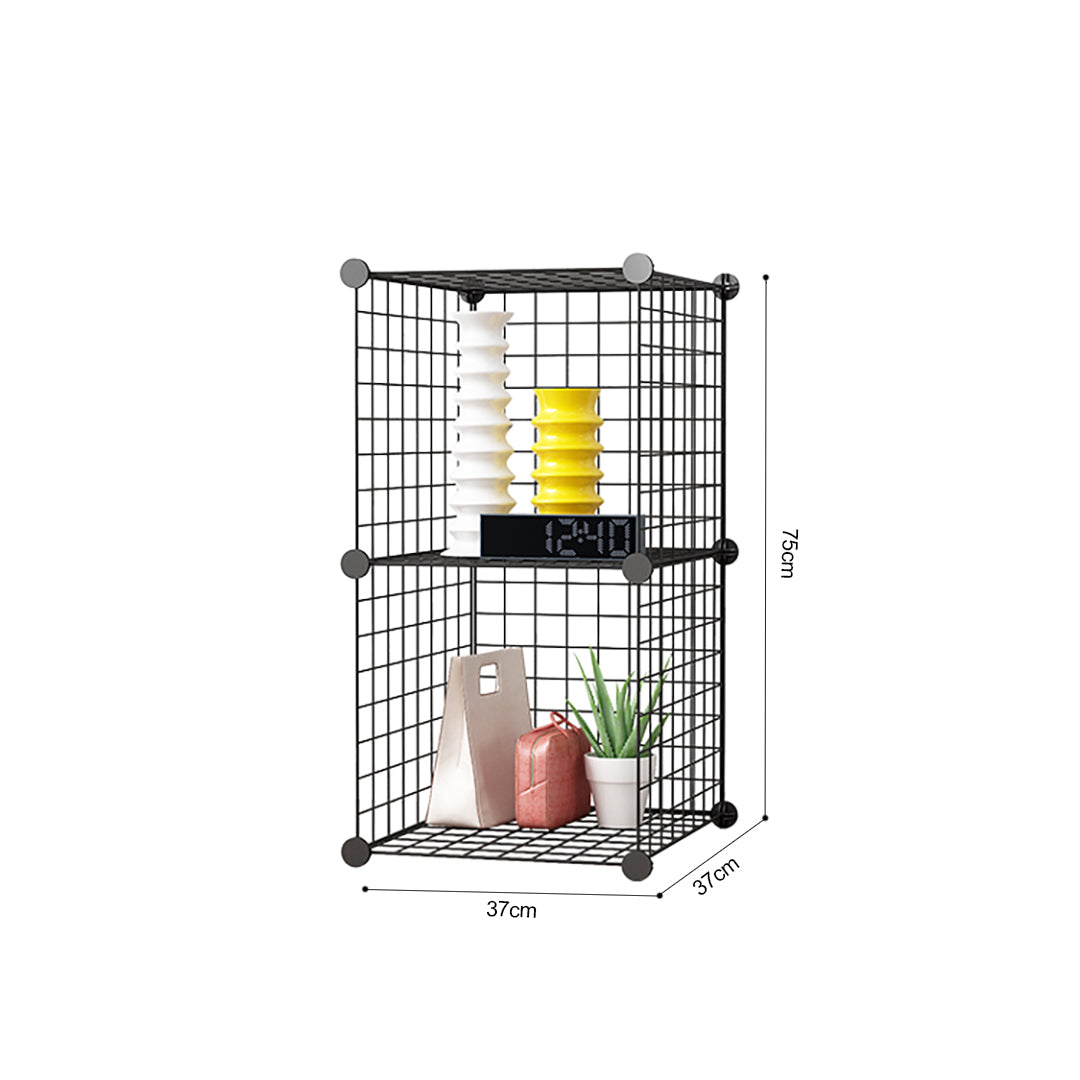 2X Black Portable 2 Tier Cube Storage Organiser Foldable DIY Modular Grid Space Saving Shelf