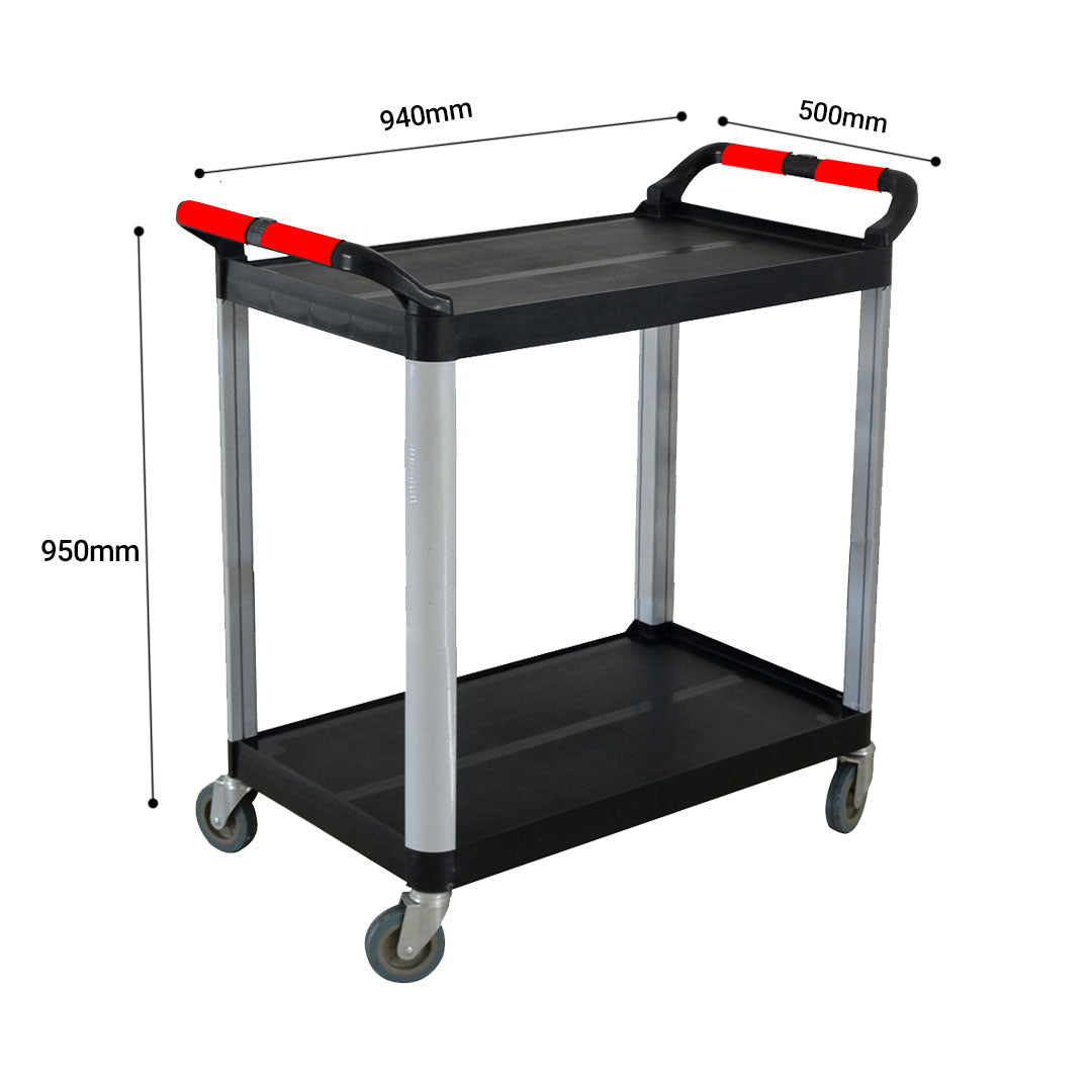 2X 2 Tier Food Trolley Portable Kitchen Cart Multifunctional Big Utility Service with wheels 950x500x640mm Black