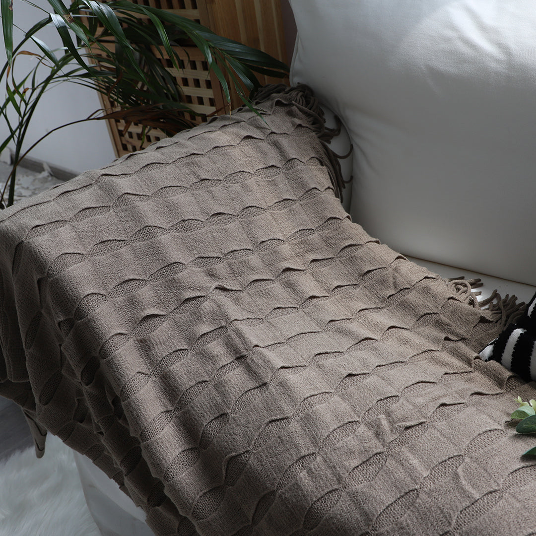 2X Coffee Textured Knitted Throw Blanket Warm Cozy Woven Cover Couch Bed Sofa Home Decor with Tassels