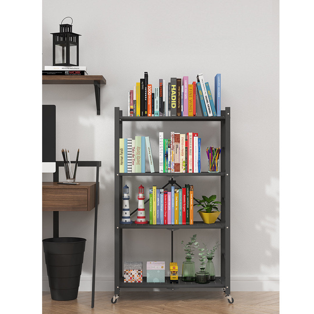 Soga 2 X 4 Tier Steel Black Foldable Display Stand Multi Functional Shelves Portable Storage Organizer With Wheels